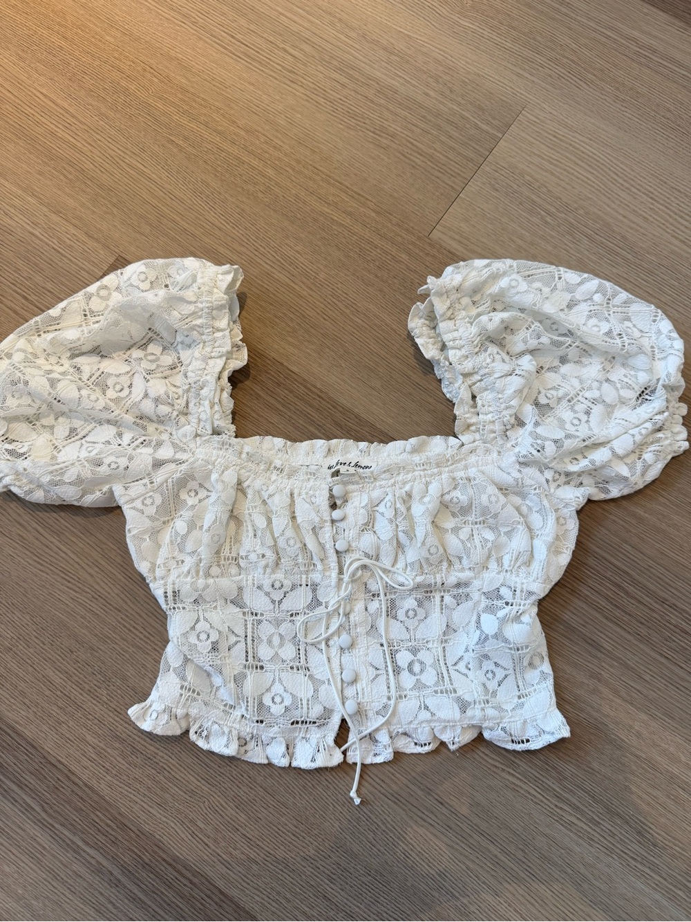 For Love & Lemons White Lace Puff-Sleeve Crop Top